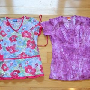 2 scrub tops barco Elan uniform XS pink purple